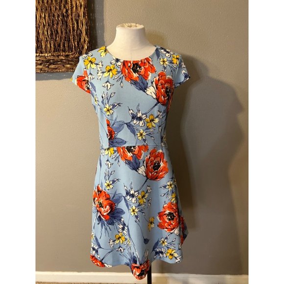 Vince Camuto Dress 12 Blue Orange Floral Stretch Short Sleeve Washable NEW - Picture 4 of 13